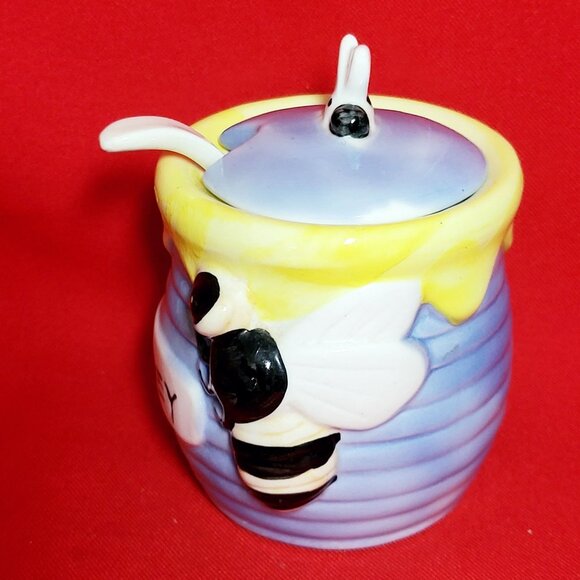 Honey Bee Honey Jar Porcelain Serving Spoon Blue Yellow Painted Ceramic - Picture 5 of 13